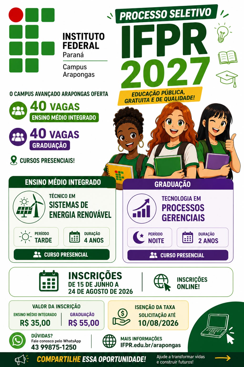 IFPR Arapongas abre inscrições para cursos gratuitos de Ensino Médio Integrado e graduação
